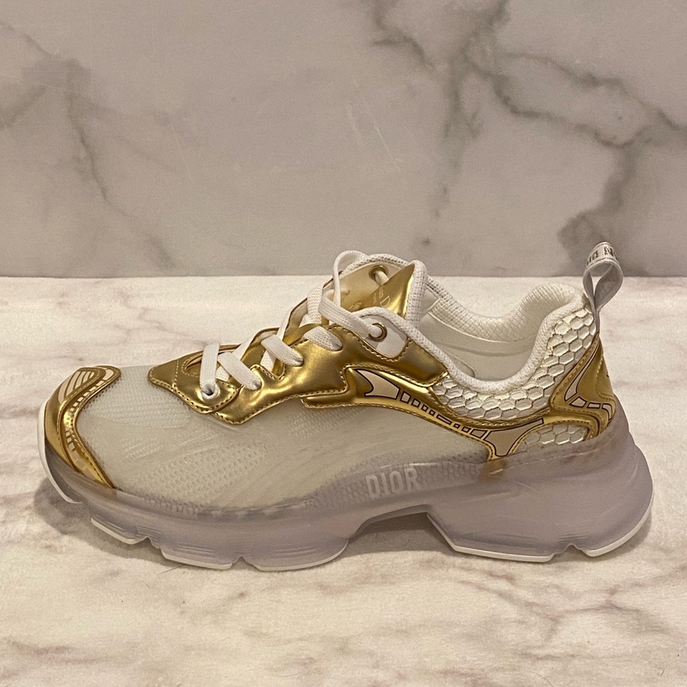 NIB Women’s Authentic Dior Vibe White & Metallic Gold Mesh and Leather Sneakers
